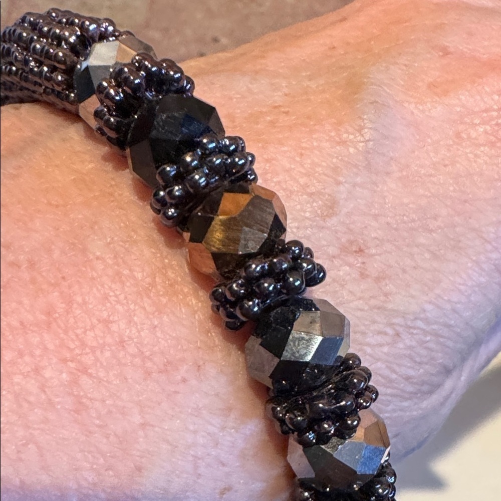 Beaded Bracelet Black Gunmetal Faceted Beads 8"